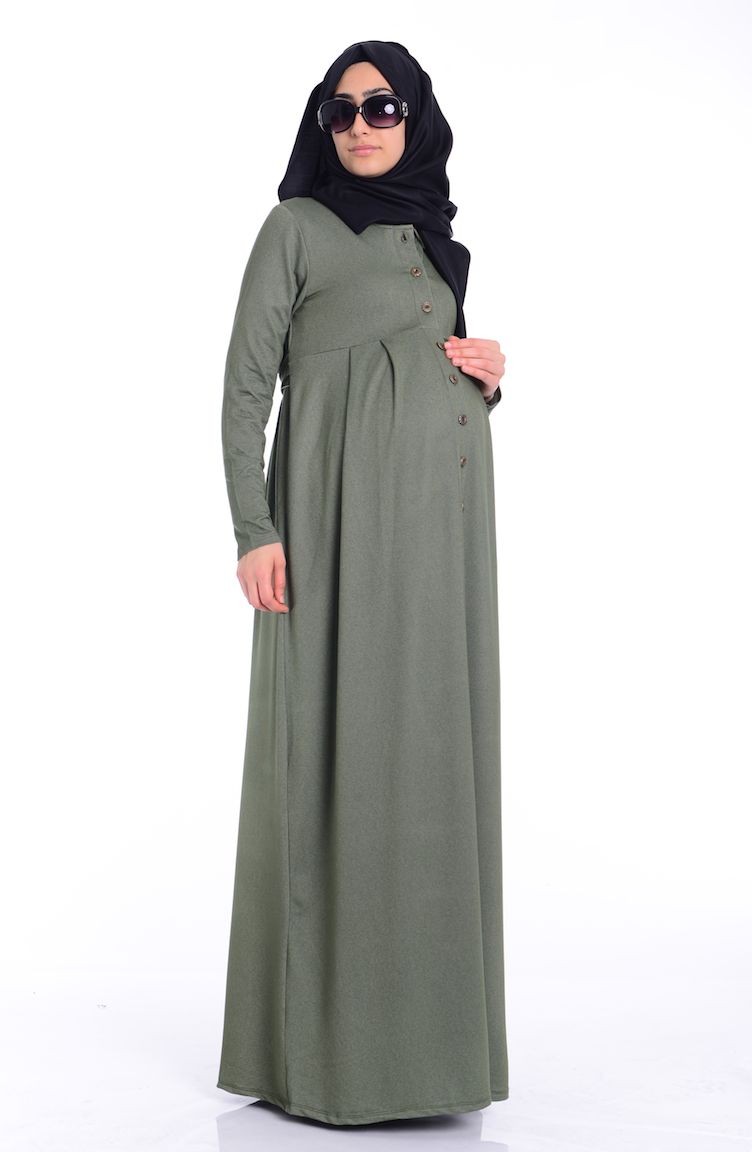 Tesettür Hamile Kot Elbise 4058-06 Haki Yeşil