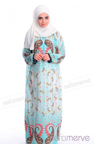 Practical Prayer Dress With Shawl 8999-16 Mint Green-Eccru 8999-16