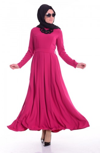 شوكران فستان كريب بتصميم مُزين بقلادة 4148-02 لون فوشيا 4148-02