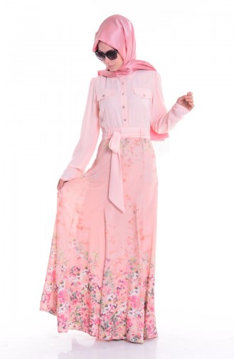 Baskılı Krep Elbise 4896-02 Pudra
