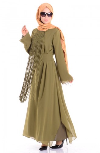 SUKRAN Tasseled Chiffon Abaya 35684 -03 Khaki Green 35684-03