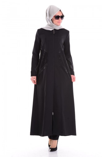 SUKRAN Stone Lace Detailed Abaya 35692-01 Black 35692-01