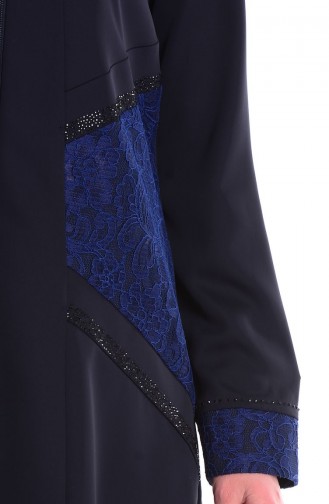 SUKRAN Stone Lace Detailed Abaya 35692-02 Navy Blue 35692-02