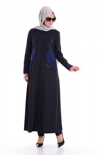 SUKRAN Stone Lace Detailed Abaya 35692-02 Navy Blue 35692-02