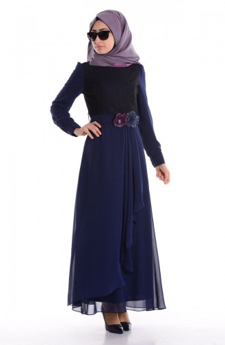 Dunkelblau Hijab Kleider 4024-03