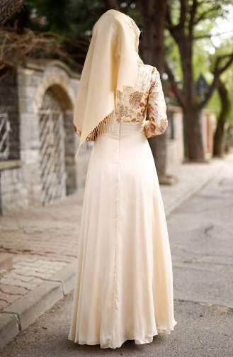 Cream Hijab Evening Dress 3012-01