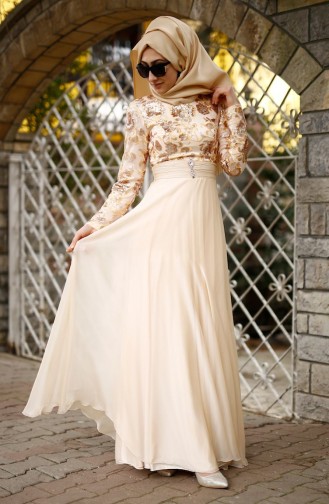 Cream Hijab Evening Dress 3012-01