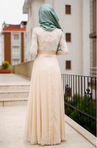 Cream Hijab Evening Dress 3012-02