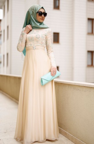 Cream Hijab Evening Dress 3012-02