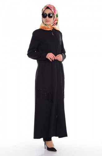 SUKRAN Stone Lace Detailed Abaya 35691-01 Black 35691-01