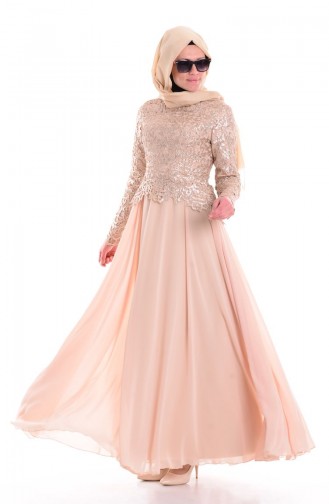 Beige Hijab Evening Dress 6291-02