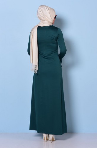 Yakası Nakışlı Elbise 0067-01 Zümrüt Yeşil