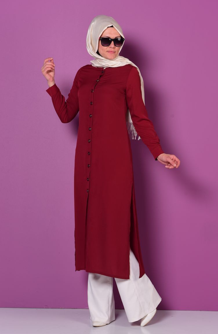 Krep Düğmeli Uzun Tunik 0684-06 Bordo