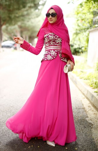 Fuchsia Hijab Evening Dress 0043-02