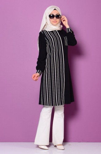Çizgili Krep Tunik 1250-08 Siyah