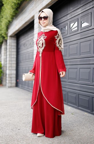 Claret Red Hijab Evening Dress 8392-01