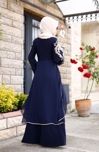 Navy Blue Hijab Evening Dress 8392-02