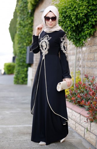 Güpürlü Abiye Elbise 8392-03 Siyah