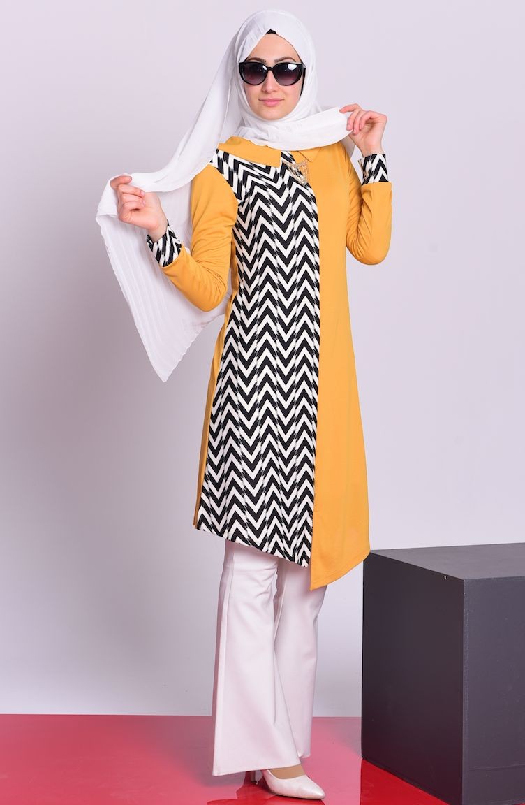 Kolye Detaylı Krep Tunik 0610-08 Hardal | Sefamerve