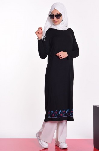 Baskılı Uzun Penye Tunik 6380-02 Siyah