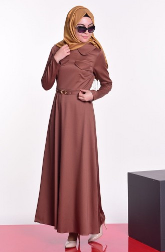 Cep Detaylı Kemerli Elbise 7064-06 Kahverengi