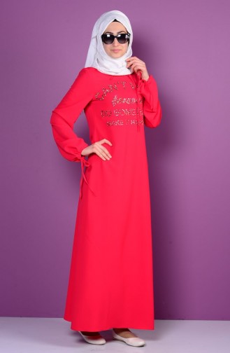 İşlemeli Elbise 4199-04 Kırmızı