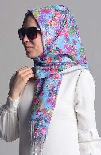 Tülbent Dijital Şal 7023-10 Bebe Mavi Nar Çiçeği