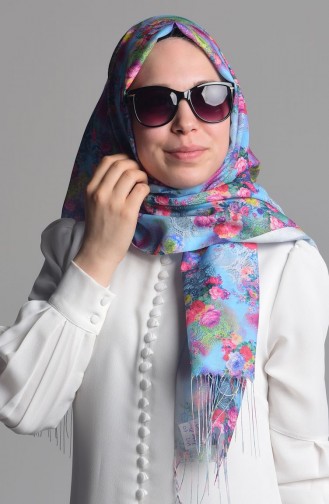 Tülbent Dijital Şal 7023-10 Bebe Mavi Nar Çiçeği