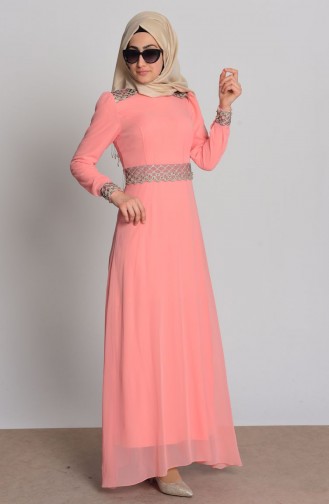 Salmon Hijab Evening Dress 4069-04
