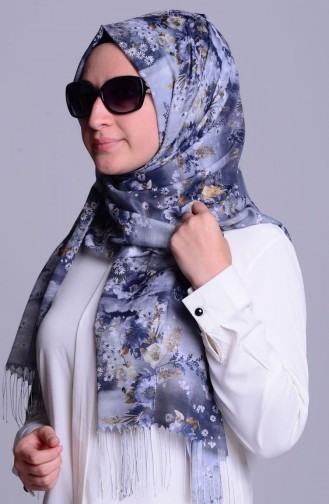 Çiçek Desenli Tülbent Dijital Şal 7028-01 Füme Gri