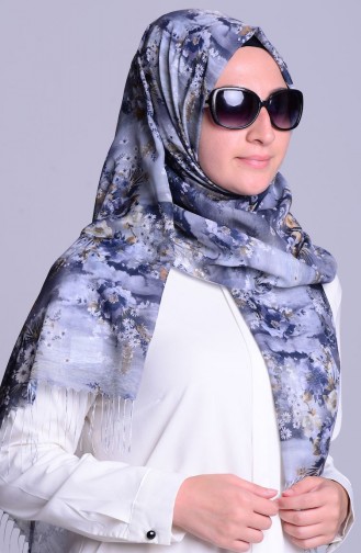 Çiçek Desenli Tülbent Dijital Şal 7028-01 Füme Gri