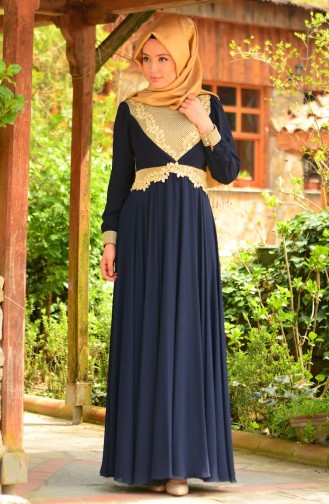 Navy Blue İslamitische Avondjurk 1349-03