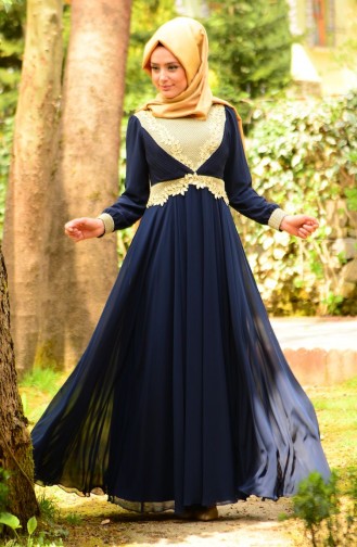 Navy Blue İslamitische Avondjurk 1349-03