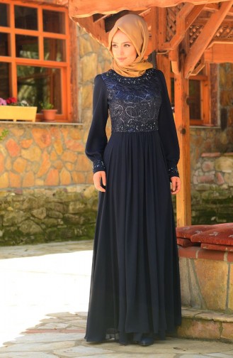Tesettür Abiye Elbise 2123-02 Lacivert