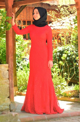 Tesettür Abiye Elbise 2132-01 Kırmızı