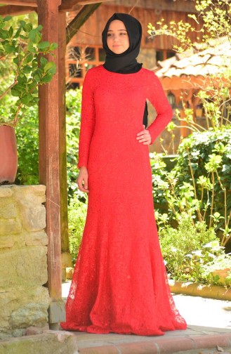 Tesettür Abiye Elbise 2132-01 Kırmızı