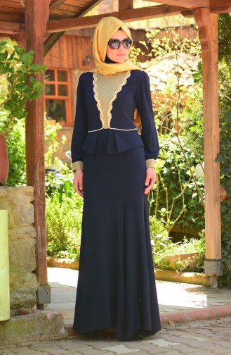 Robe de Soirée Islamique 3111-01 Bleu Marine 3111-01