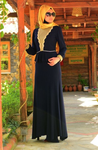 Robe de Soirée Islamique 3111-01 Bleu Marine 3111-01