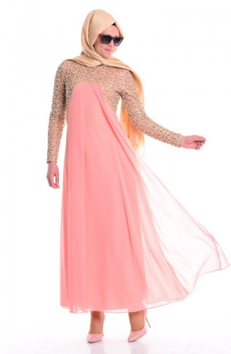 Salmon Hijab Evening Dress 4043-04