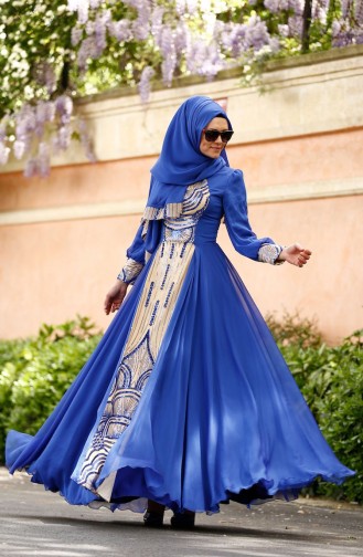 Robe de Soirée Bordée de Paillette 0048-01 Bleu Roi 0048-01