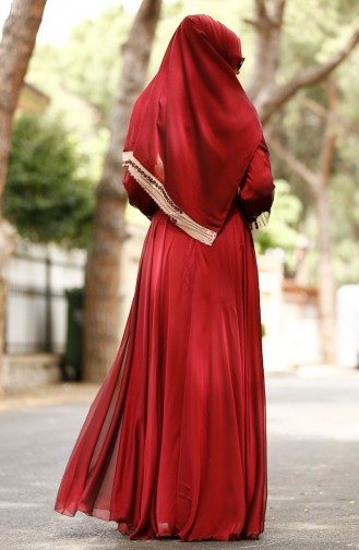 Claret Red Hijab Evening Dress 0048-02