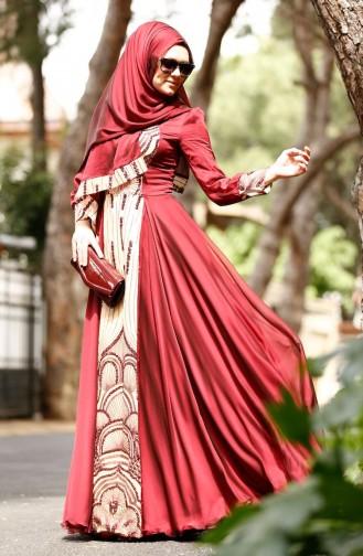 Claret Red Hijab Evening Dress 0048-02
