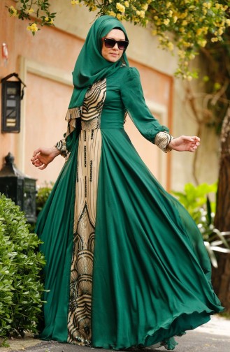 Green Hijab Evening Dress 0048-03