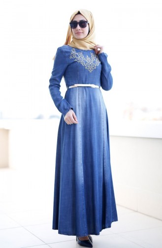 Nakışlı Kot Elbise 1709-01 Mavi