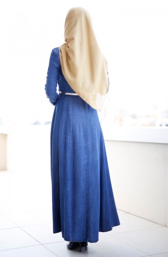 Nakışlı Kot Elbise 1709-01 Mavi