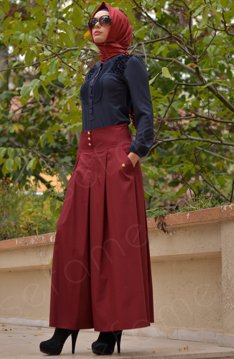 Pileli Pantolon Etek 3333-04 Bordo