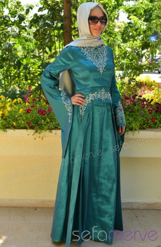 Sefamerve Hurrem Shiny Stones Evening Dress PDY 3340-03 Emerald Green 3340-03