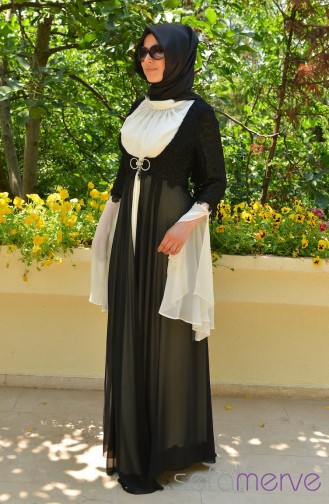 Cream Hijab Evening Dress 3263-04