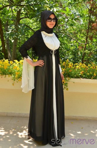 Cream Hijab Evening Dress 3263-04