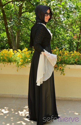 Cream Hijab Evening Dress 3263-04